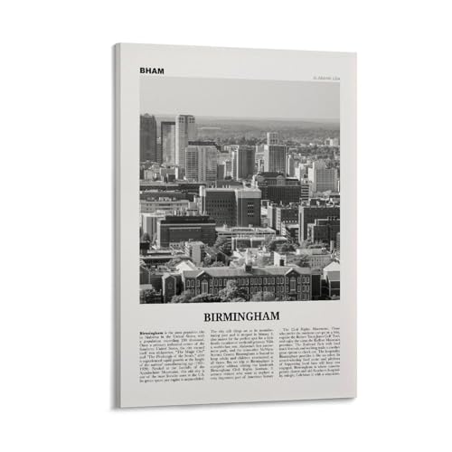 CJZZMA Birmingham Print Black And White Alabama, Birmingham Wall Art, Birmingham Poster, Birmingham Photo, Birmingham Wall Décor, Alabama, USA Canvas Wall Art Poster Ready to Hang Framed 20x30inch