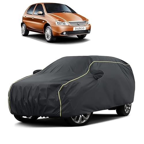 Image of Sulfar 100% Water Resistant Car Body Cover Compatible with Mirror for Tata Indica (Triple Stitched, Full Bottom Elastic, Dark Grey Taffeta with Yellow Piping)