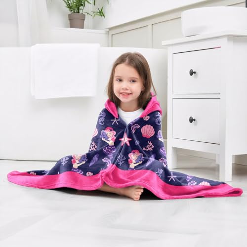 Image of Mermaid Girls Beach Towel with Hoodie for Kids Toddlers Age 4-8, Pink Blue Bath Towels Shower Wrap for Girls, Hooded Poncho Beach Blanket for Pool Swimming Cute Wearable Bath Towel for Child