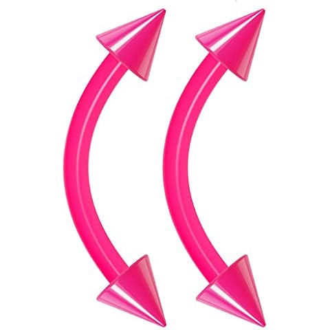 Evonix 2pc 16g Pink Dental-Grade Acrylic Curved Barbell 3mm Spike Eyebrow Belly Bar Lip Tragus Ring Piercing Jewelry - 8mm Cover