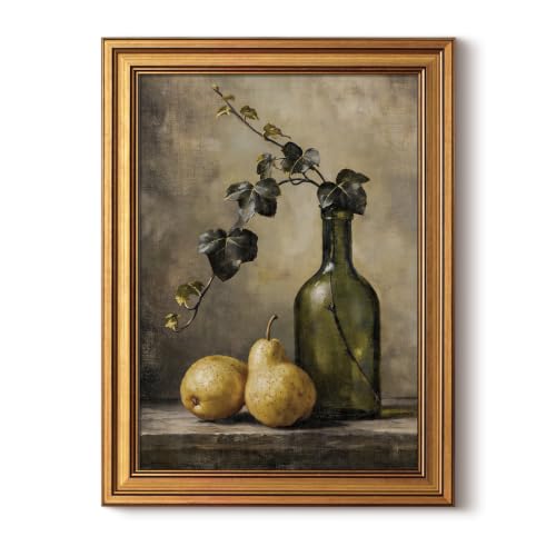 InSimSea 12x16 Gold Framed Vintage Pear Wall Art, Rustic Ivy Still Life Canvas Oil Painting Print, Rustic Farmhouse Botanical Artwork for Kitchen Dining Room Living Room