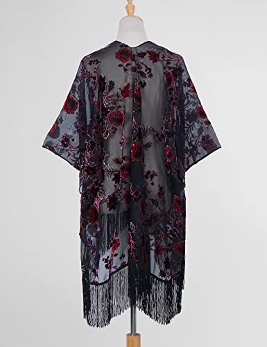 Image of MJ SERECA Women's Burnout Velvet Kimono Cardigan Cover Up with Tassel
