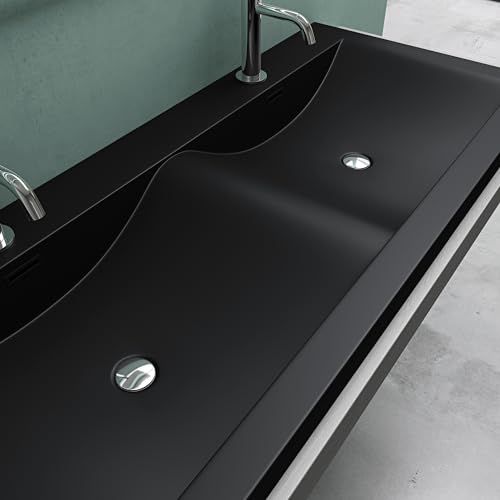 Mai & Mai Waschbecken Einbauwaschbecken Waschtisch 2 Becken Mineralguss rechteckig 2 Armaturenlöcher Überlauffunktion BxTxH 120x48x14 cm Schwarz Col03