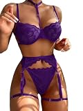 Lilosy Petite Sexy Floral Lace Scallop Choker Sheer Underwire Push Up Garter Belt Lingerie Set for Women See Through Bra and Panty 3 Piece Purple X-Small