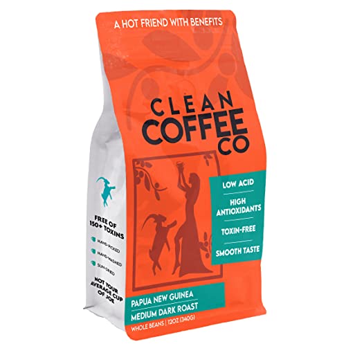 Clean Coffee Co. | Low Acid Coffee, 12Oz Bag Whole Bean Coffee | Medium Roast From Papua New Guinea | Toxin And Mold Free, Antioxidant Rich, Smooth Taste For Espresso, French Press, Or Iced Coffee #TOP27