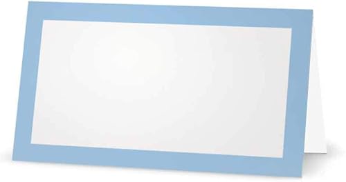 Tarjetas de lugar color azul bebé, plano o tienda de campaña, paquete de 10 o 50 unidades, parte delantera blanca en blanco con borde de color