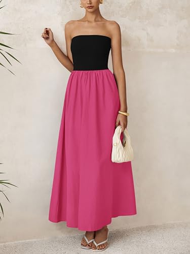 Image of PRETTYGARDEN Women 2026 Summer Elegant Strapless Maxi Dress Tube Top Dress A Line Flowy Long Wedding Party Cocktail Dresses(Black Rose Red,Large)