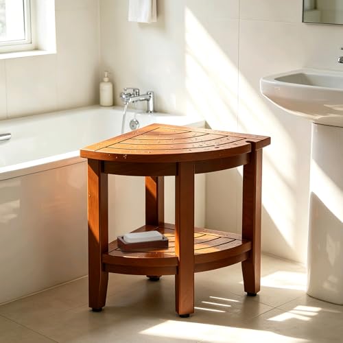 Blodhm Teak 18 Corner Shower Bench Stool for Inside Shower Waterproof Bath Chair with Storage Shelf Assembly Required