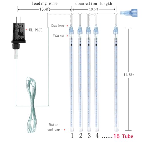 19.6' Kwaiffeo 16-Tube Meteor Shower LED Christmas Lights (White) - image 4