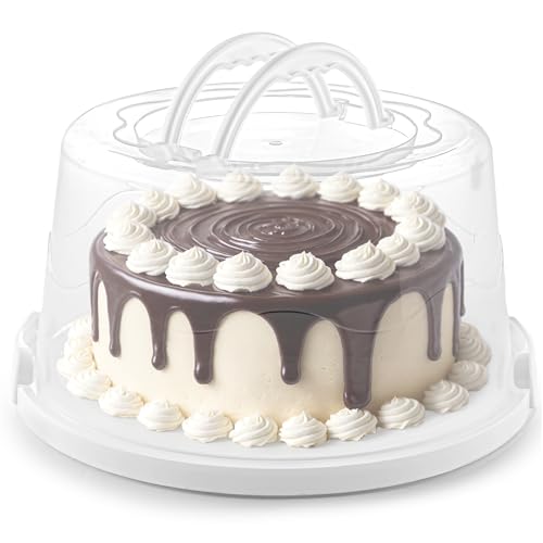 MosJos Extra Large Cake Carrier, Cake Holder with Lid & 2 Sturdy Snaps & Handles, Cake Containers with Lids/Five Section Tray, Holds 10” Cake with Icing, Cake Carrier with Lid and Handle (White)