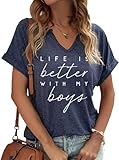 Life is Better with My Boy V Neck Shirt for Women Funny Mom Life Short Sleeve Tee Graphic Tops(M,E-Blue)
