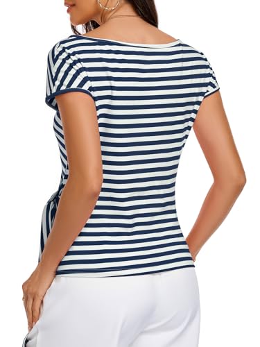 Image of HOTIAN Womens Cap Sleeve T Shirts 2026 Tie Waist Wrap Tops Crew Neck Blouses Dressy Casual Loose Work Business Dressy