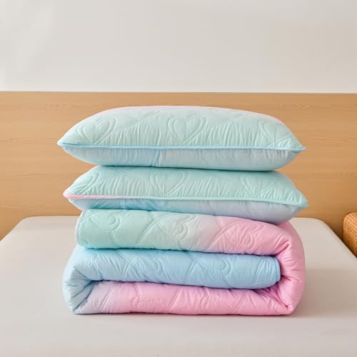 Xruibed Pink Quilt Set Queen Ombre Blue Pink Mint Quilt Sets Kids Girls Bedding Set 3Pcs Summer Reversible Lightweight Microfiber Bedspread Coverlet Sets For All Season  thumb #6
