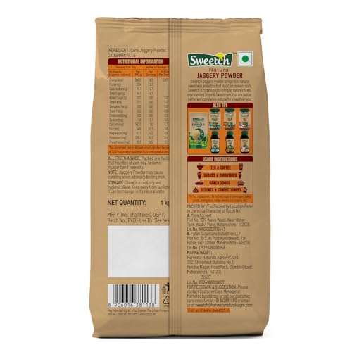 Image of Sweetch Natural Cane Jaggery Powder 1kg | Natural Sweetener | Refined Sugar Alternative contain Minerals, No Chemical, Sulphur & Bleach Free | Gur, Gud Powder for Baking & Cooking (Pack of 2)
