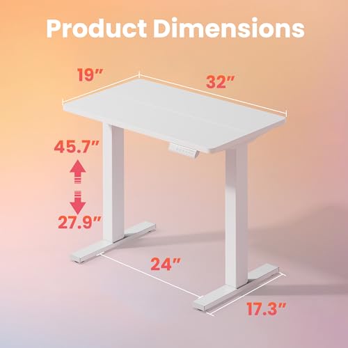 Image of HUANUO 32x19 Inch Small Electric Standing Desk, Adjustable, White | Compact Home Office Desk, 176lbs Heavy Duty Lifting with 4 Height Presets. M8 Screw Holes Ready for DIY Mobile Wheels