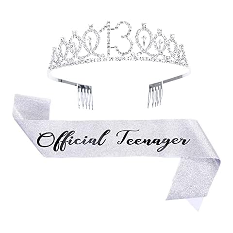 Topfunyy 13th Birthday Tiara and Sash Set - Teenager Sash Silver Crystal Crown Birthday Gift for Girls 13th Birthday Party Supplies Cover