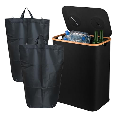 Relaxdays Recycling Bottle Bin, 140L, holds 60 bottles, 2 bags, glass & plastic collector, 68.5×57×37 cm, black