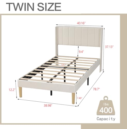 Image of AGARTT Upholstered Platform Bed Frame Twin Size, Beige Velvet