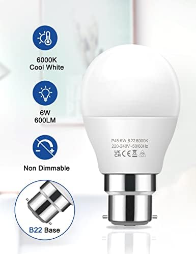 Fulighture Bayonet Light Bulb [6 Pack] 6W (=60W) 600LM B22 LED Bulbs, G45/P45 Energy Saving Light Bulbs, 6000K Cool White, Not Dimmable, for Chandelier Bedroom Living Room