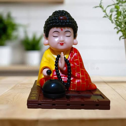 Image of WinsomeCollection Solar Powered Moving Head and Hand Monk Baby Laughing Buddha Statue Idol Sculpture Home Decor Showpiece Decorative Spiritual Gift Item Car Dashboard Home Decor