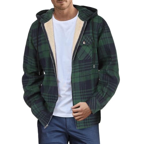 Veste chemise en flanelle à carreaux pour hommes avec doublure peluche et capuche