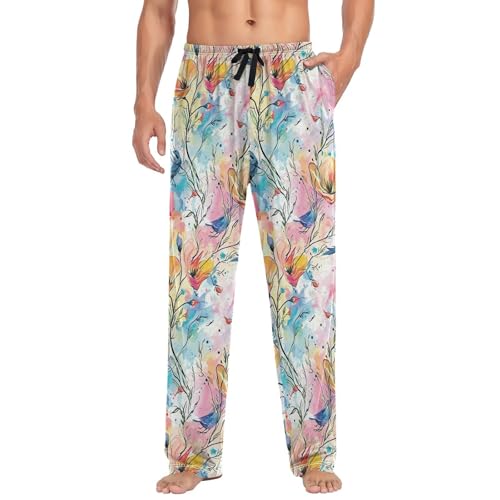 Men’s Watercolor Flower Pattern Pajama Pants with Pockets, Comfortable Lounge Sleep Bottoms#313