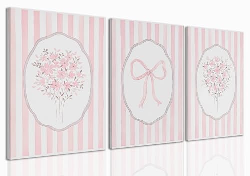 SongZest 3 Piece Pink Floral Canvas Framed Wall Art Pink