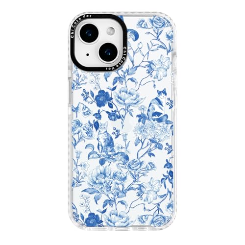 Coque iPhone 15 chat en porcelaine bleue et blanche design artistique