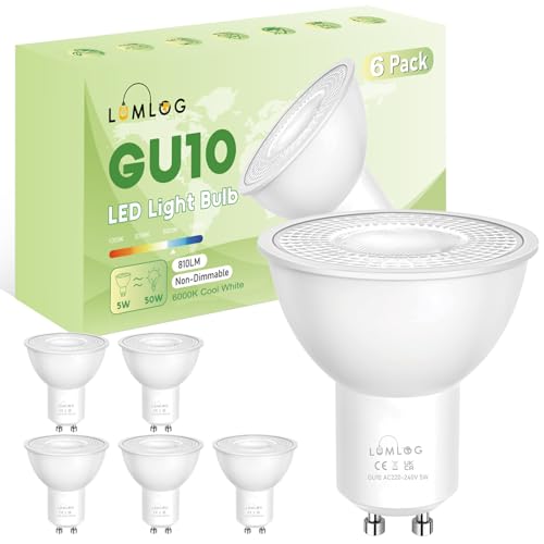 Lumlog GU10 LED Bulbs Cool White 6000K 5W (50W Equivalent) 810LM CRI>80 38 Beam Angle Non-Flicker Non-Dimmable 6 Pack for Home Lighting