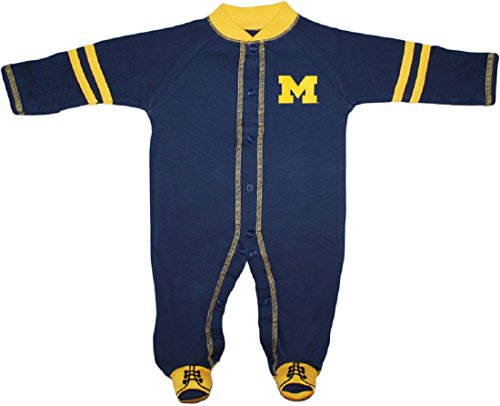 University of Michigan Wolverines Block M Sports Shoe Footed Baby Romper Navy/Gold 0-3 Months