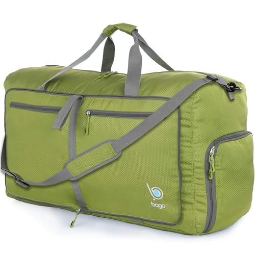 Bago Large Foldable Duffel Bags for Traveling Women & Men - 80L Packable Duffle Bag for Travel with Shoe Compartment - Water Repellant, Heavy Duty, Lightweight Folding & Collapsible (Green)