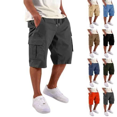 Cargo Shorts for Men Relaxed Fit Cargo Athletic Shorts for Men Drawstring Stretchy Below Knee Summer Outdoor Tactical Short Lightweight Workout SweatShorts Multi Pockets Summer Bermudas para Hombres