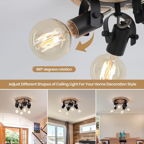 Image of 4-Light Round Flush Mount Ceiling Light,Adjustable Farmhouse Kitchen Track Light with Wood Base, Multi-Directional Dining Room Light for Island Hallway Entryway Bedroom.