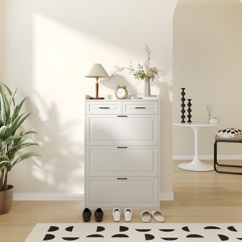CuisinSmart Shoe Cabinet with 3 Flip Drawers and 2 Storage Drawers, Easy to Store 18-24 Pairs of Shoes, Adjustable & Removable Panel, Shoe Storage Cabinet for Entryway, Hallway, White