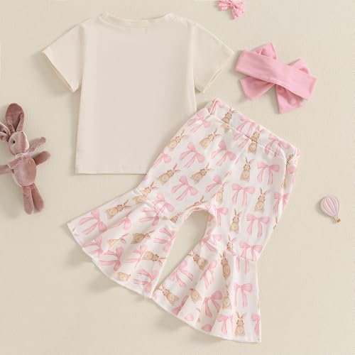Toddler Baby Girl Easter Outfit Short Sleeve Bunny Shirt Top Bell Bottoms Pants Kids Easter Clothes Summer (Pink bunny, 2-3 Years) - Thumbnail 3