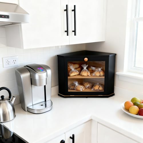 Bamboo Corner Bread Box for Kitchen Countertop - Double Layer Bread Storage with Clear Window, Black Wooden Bread Keeper Organizer for Homemade Bread, Under Cabinet Mount, Fits Countertop & Pantry — view 2