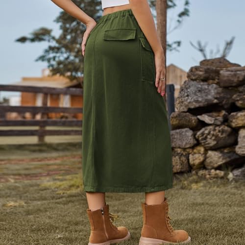 Women's Long Denim Cargo Skirt Elastic Waist Drawstring Front Slit Casual Loose Jean Skirts with Pockets3