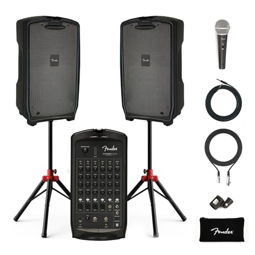 Fender Passport Event S2 Portable PA System Bundle with Microphone Kit, Compact Speaker Stands, and Instrument Cable