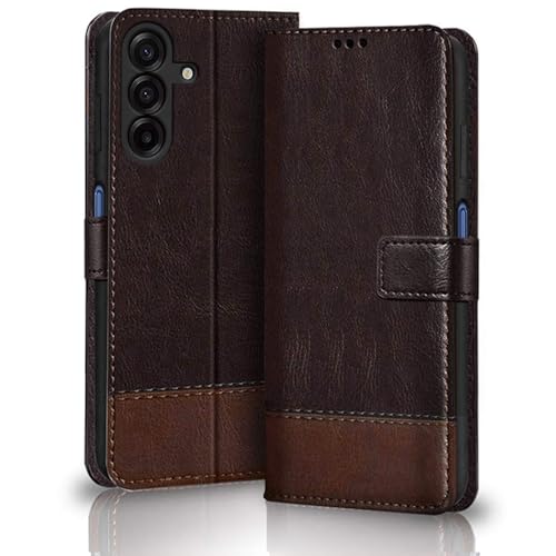 Image of TheGiftKart Flip Back Cover Case for Samsung Galaxy M17 5G / A17 5G / F17 5G | Dual-Color Leather Finish | Inbuilt Stand & Pockets | Wallet Style Flip Back Case Cover (Faux Leather, Coffee & Brown)