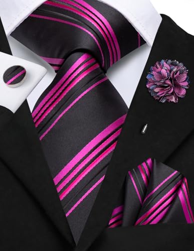 Image of Hi-Tie Black Rose Mens Ties and Flower Lapel Pin Set Silk Striped Tie Pocket Square Cufflink Set 4PC Necktie for Business