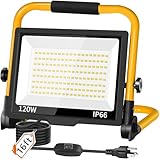 14400LM LED Work Light, 120W Flood Light with 16FT Cord & Switch, Portable Worklight with Stand, 5000K IP66 Waterproof Construction Lighting for Job Site Repairing Workshop Garage