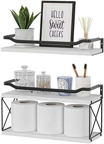 WOPITUES Floating Shelves, Bathroom Shelves Over Toilet, Wall Shelves with Protective Metal Guardrail, Wood Shelves for Bathroom, Bedroom, Living Room, Kitchen, Plants, Books, Decor- White