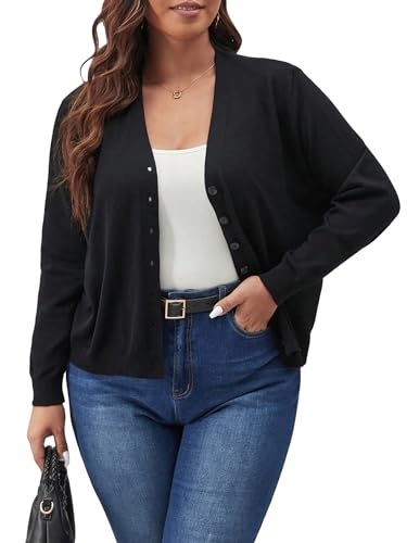 OYOANGLE Women's Plus Size Button Up Knit Cardigan V Neck Long Sleeve Light Sweaters