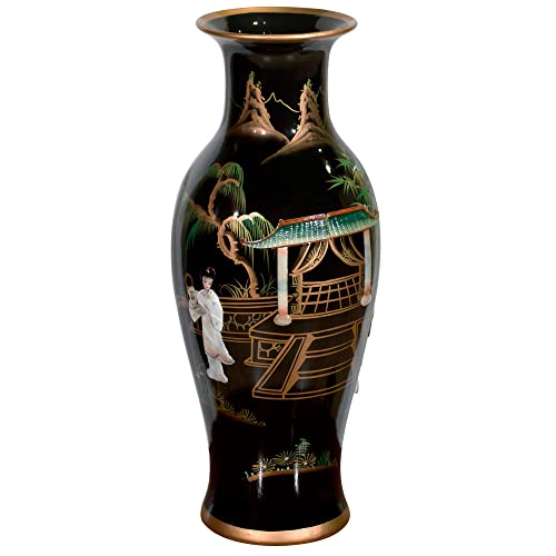 China Furniture Online 24 Inch Black Lacquer Mother Of Pearl Oriental Porcelain Vase #TOP4