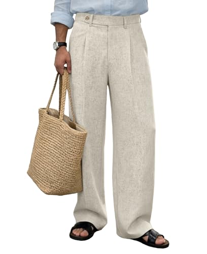 Susclude Men's Baggy Linen Dress Pants Wide Leg Pleated Stylish Casual Slacks Lightweight Vintage...