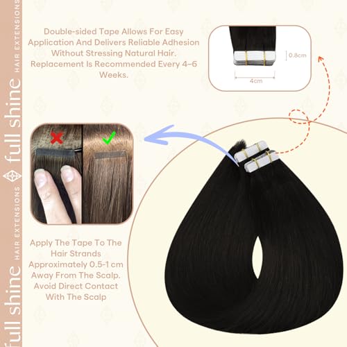 Image of Full Shine Tape Ins Human Hair Extensions, Natural Black 16 Inch | 50g 20PCS, Invisible Brazilian Double Sided Human Hair Tape in Extensions, Straight Seamless Aesthetic Appeal Add Volume