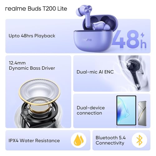 Image of realme Buds T200 Lite Bluetooth in Ear Earbuds,4 Mic, AI ENC for Calls,48 Hours Total Playback with Fast Charging and Low Latency Gaming TWS, Google Fast Pair, with mic - (Purple)