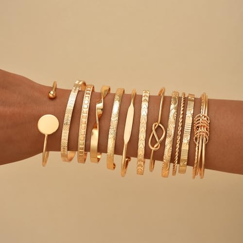Image of IF ME Gold Bangle Bracelets for Women, Indian Bangles Stackable Set, Multi Layer Textured 18K Gold Plated Chunky Bracelets Boho Jewelrys Set