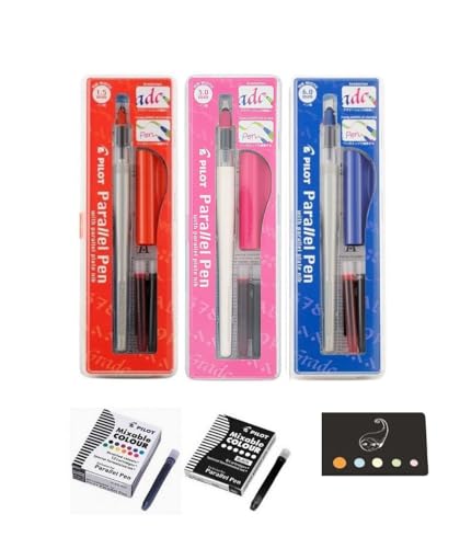 Blumie Shop Lote 3 Cajas de Bolígrafos Paralelos: 1,5 mm + 3,0 mm + 6,0 mm + 6 Cartuchos Negros + 12 Cartuchos Colores Surtidos + 1 Índice Adhesivo Blumie (Rojo + Rosa + Azul)