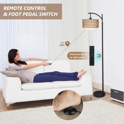 Image of Arc Floor Lamp for Living Room with 3 Color Temperatures, Farmhouse Floor Lamps with Remote & Dimmable Bulb, Boho Standing Lamp with Rattan & Fabric Shades, Adjustable Tall Lamp for Bedroom, Office